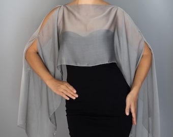 Silver grey chiffon capelet wrap shrug, grey wrap,black shrug, evening capelet, shoulder cape, choir shrug, choir capelet, choir