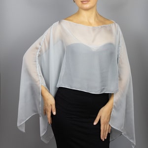 Light grey chiffon capelet wrap shrug wedding dress, luxury silver evening shrug, evening capelet, shoulder cape, jacket