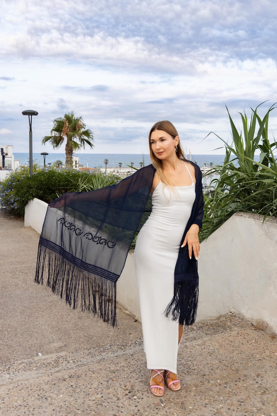 navy blue shawl for dress Navy blue shawl navy wrap navy scarf dark blue scarf large blue scarf large  navy shawl woman shawl Spanish style shawl embroidered shawl