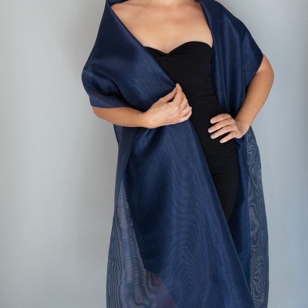 Large double Organza wrap shawl bolero Winter wedding shrug elegant accessory 220 cm Navy Blue night blue silk organza