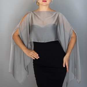 Robe de mariée capeline en mousseline de soie gris argenté, haussement d'épaules de luxe noir, cape de soirée, cape d'épaule, veste image 1