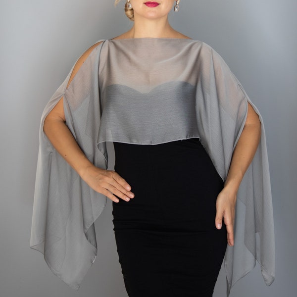 Silver grey chiffon capelet wrap shrug wedding dress, luxury black evening shrug, evening capelet, shoulder cape, jacket