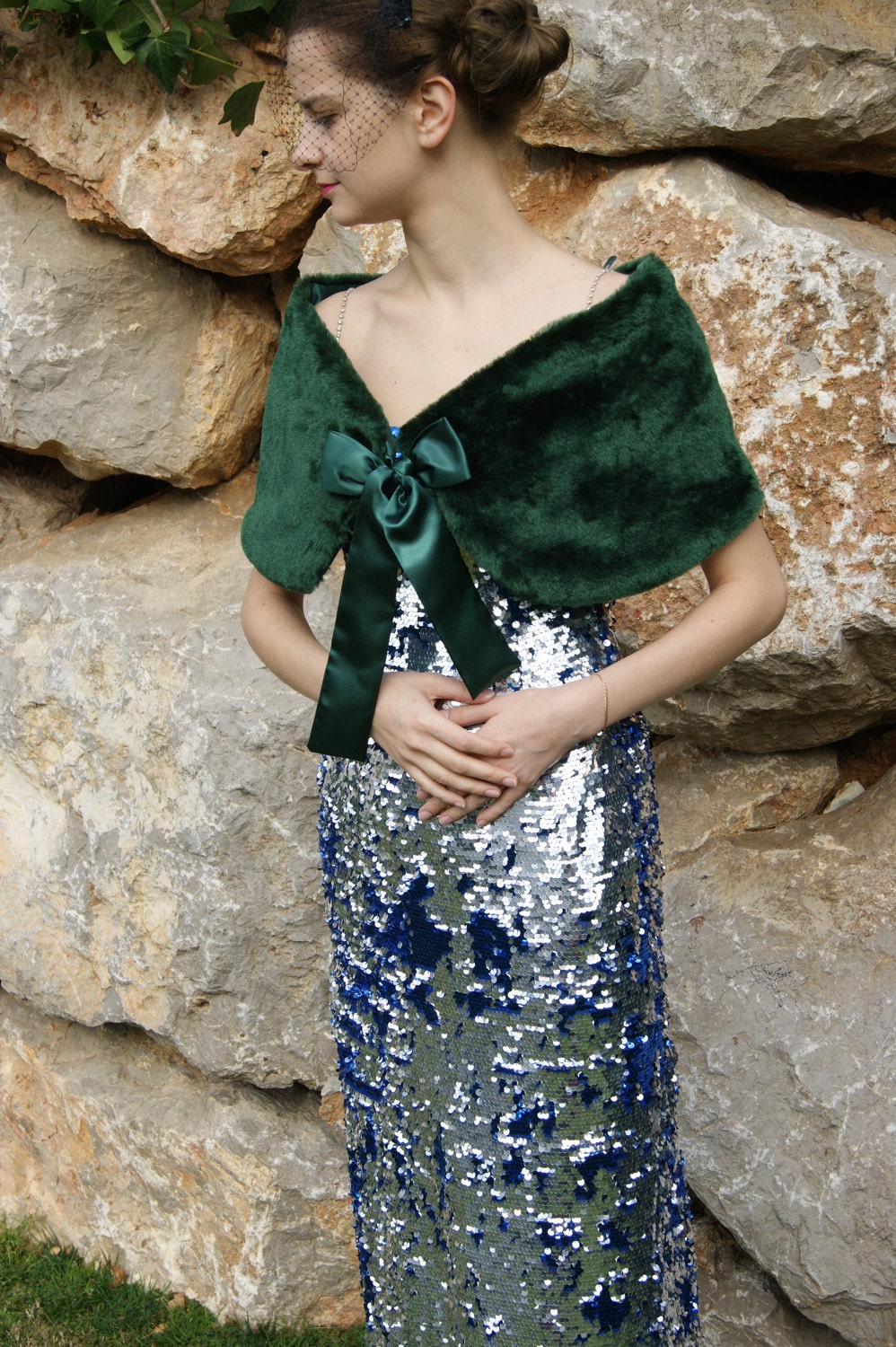 Green faux fur best sale shrug