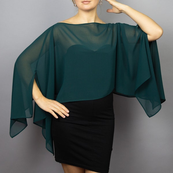 Chiffon wrap bolero capelet wedding or evening shrug dark green, navy blue, white, blue shrug jacket, woman poncho, woman cape, scarf