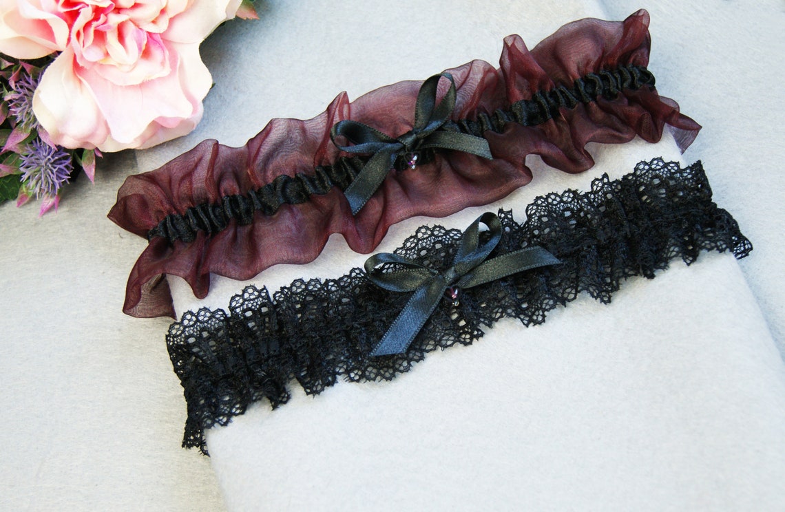 Burgundy black garter set bridal garter wedding garter image 1