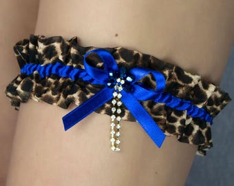 Giarrettiera da sposa con stampa animale per il tuo matrimonio, addio al nubilato, giarrettiera lanciata, perline blu leopardo tigre Strass