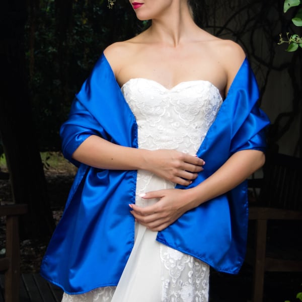 Satin wrap shawl summer estola stole wedding shrug elegant accessory 180 cm Blue bright blue