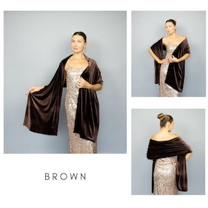 May include: A brown velvet shawl draped over a sequined dress. The shawl is a rich, dark brown color and appears soft and luxurious. The word "BROWN" is displayed in white text at the bottom of the image. The dress is a shimmering gold color.
