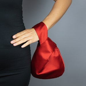 Japanese knot satin bag purse red wedding, red party clutch, red minimalist bag, minimalist style, romantic gift, Christmas gift, prom bag