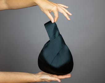 Dark green Japanese knot bag green satin bag green purse deep green bag green evening bag small wrist bag small green wristband purse satin