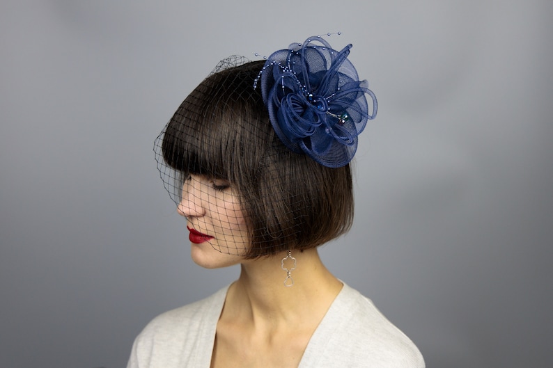 net hat blue headpiece birdcage headpiece headband hat Great Gatsby russian veil Formal blue hat fascinador birdcage veil