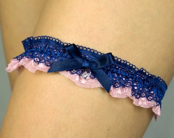 Bridal garter Pink navy blue Crystal heart tossing garter wedding gift bridal gift hen party lace garter