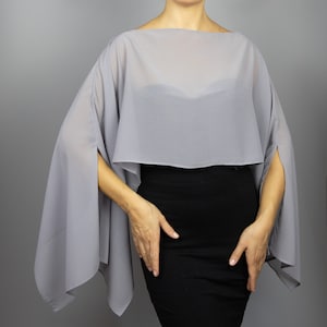 Grey chiffon capelet wrap shrug wedding dress, luxury black evening shrug, evening capelet, shoulder cape, jacket