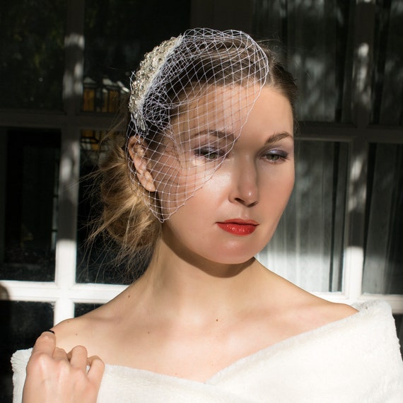 couture and classical bridal veil white birdcage headpiece headband or clip couture bride Birdcage veil russian veil elegant