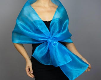 Azure blue organza wrap blue pull through wrap blue shawl blue bridesmaid shawl azure organza scarf blue loop wrap woman organza shrug