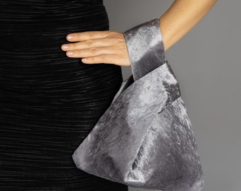 Japanese knot bag purse clutch silver velvet wedding , party ,special occasion, simple and elegant bag , grey purse , silver grey prom