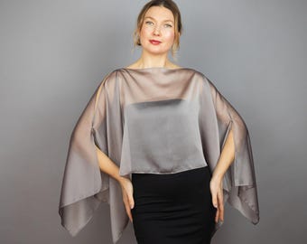 Taupe grey chiffon capelet wrap shrug wedding dress, luxury taupe evening shrug, evening capelet, shoulder cape, taupe jacket, taupe bolero