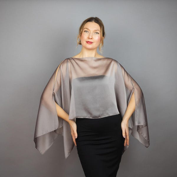 Taupe grey chiffon capelet wrap shrug wedding dress, luxury taupe evening shrug, evening capelet, shoulder cape, taupe jacket, taupe bolero