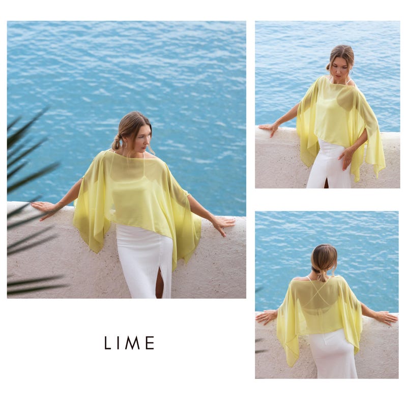 Capelet boléro en mousseline de soie marron foncé pour mariage ou haussement d'épaules de soirée, veste haussement d'épaules bleu marine, blanche, bleue, poncho pour femme, cape pour femme Lime