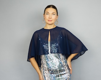 Navy cape navy bolero navy capelet wedding or evening shrug elegant chiffon Navy Blue wrap shrug jacket, woman poncho, woman cape