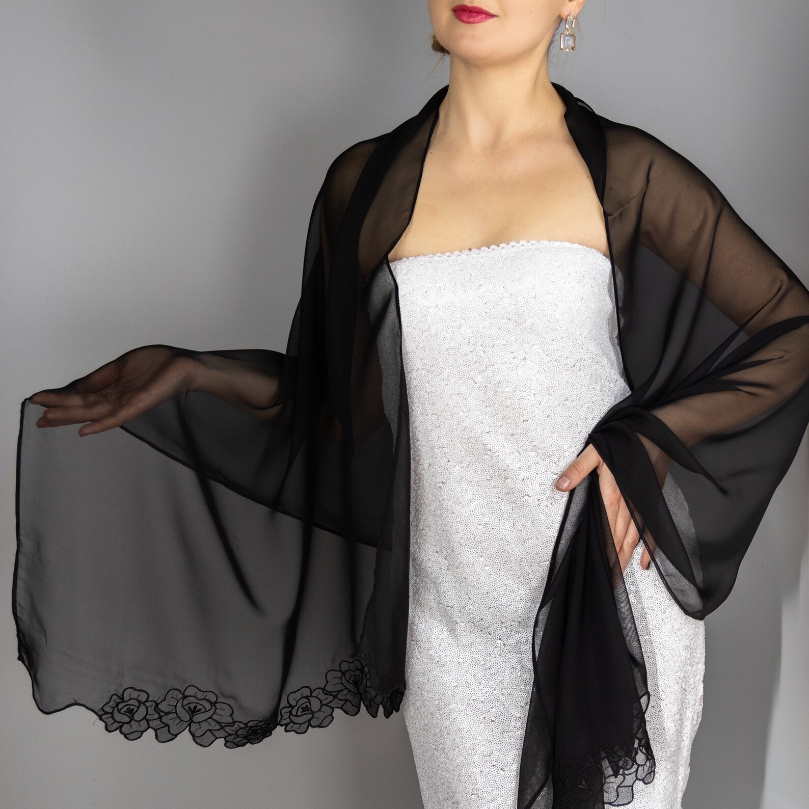 Black chiffon shawl wrap shrug wedding dress 200 luxury Etsy