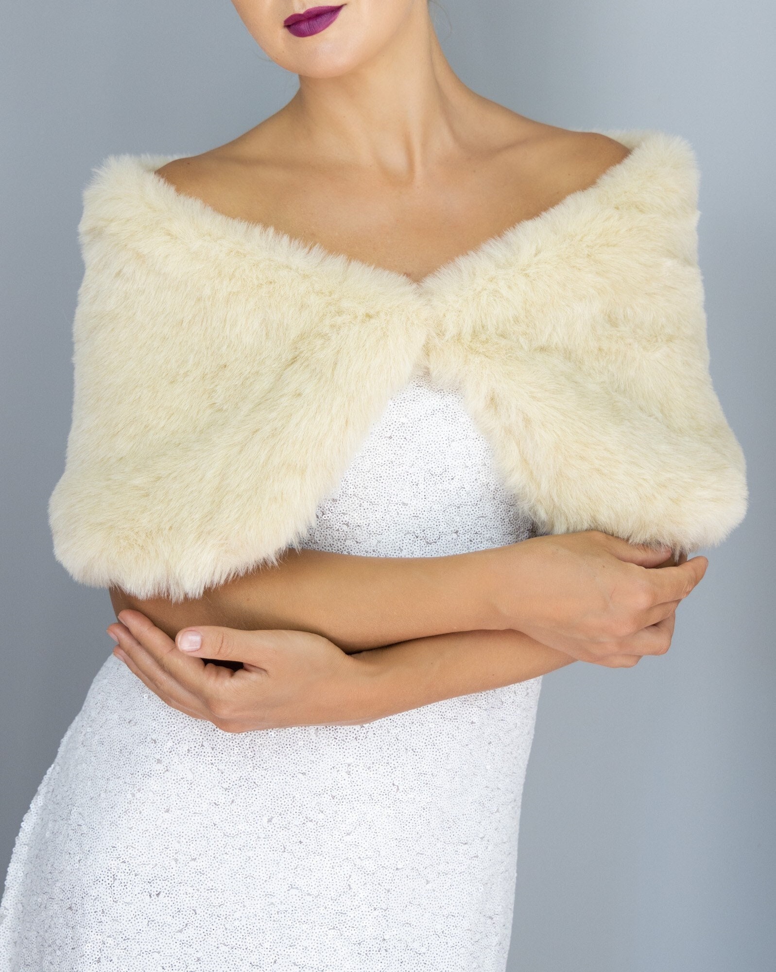 Cream Light Beige Light Champagne Minx Faux Fur Shrug Wrap Capelet Shawl Ideal for Your Wedding Party Evening Dress Bridesmaids Bridal