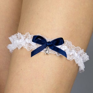 Liga Liga de casamento de praia Liga de arremesso estrela do mar casamento azul renda branca liga de noiva estrela liga de baile presente de noiva estrela do mar