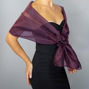 Puede incluir: Un chal de color púrpura transparente con un detalle de lazo fruncido. El chal está hecho de una tela ligera y es perfecto para agregar un toque de elegancia a cualquier atuendo.