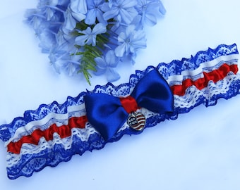 Patriotique américain dentelle jarretière mariage poule fête occasion spéciale dentelle royale bleue quelque chose de bleu mariée style USA ou thème italien