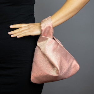Borsa a forma di nodo giapponese, oro rosa o rosa chiaro, per matrimonio, festa, ballo di fine anno, borsa semplice ed elegante, borsa da sera, beige oro vera seta + cotone