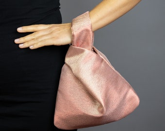 sac à main nœud japonais or rose ou rose clair mariage , fête , bal , sac simple et élégant , sac de soirée , beige or véritable soie + coton