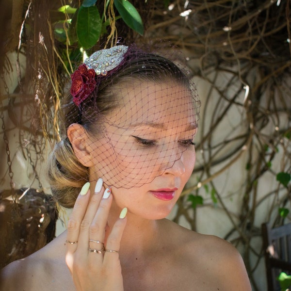 Burgundy Birdcage veil / russian veil / elegant , simple and classical bridal veil birdcage headpiece clip fix  / couture bride purple red