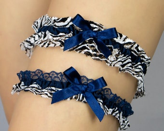 Juego de 2 ligas de novia con estampado animal, regalo de boda, liga de novia con estampado de cebra, leopardo, azul, negro y blanco, regalo de novia para graduación