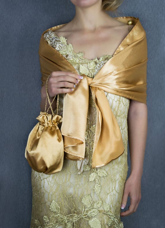 Satin Gold Bag Wrap Shawl Wedding Shrug Accessory Golden 160 Cm