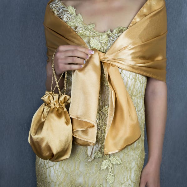 Satin Gold Bag Wrap Shawl wedding shrug accessoire Golden 160 cm idéal pour demoiselle d’honneur Money Bag Purse