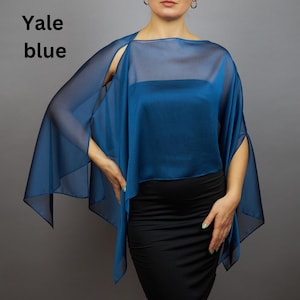 Può includere: Un scialle blu trasparente con un design drappeggiato. Lo scialle è realizzato in un tessuto leggero e ha una silhouette fluida.