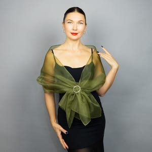 Organza wrap shawl with a buckle wedding in olive green or other colors, woman organza wrap, green shrug, woman scarf, prom scarf