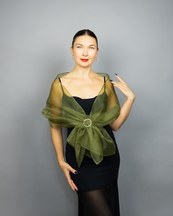 black dress with green scarf Organza Wrap Shawl a Buckle Wedding in Olive or Other Colors, Woman Organza Wrap, Green Shrug, Woman Scarf, Prom champagne wedding gown