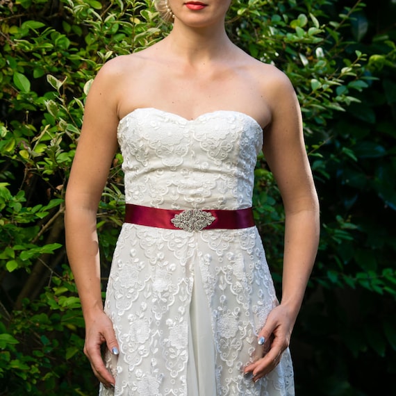 wedding dress with burgundy sash Fabulous Lace A Line Bodice Open Back Beach Wedding Dresses with Sash, MW180