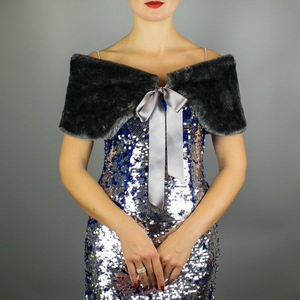 Luxury Fur imitation Faux fur silver grey bridal wrap shawl capelet lining satin all sizes available