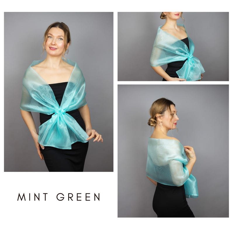 Luxury Organza Shawl Wrap: Magenta Fuchsia Bridesmaid Scarf for Evening Dresses Mint green