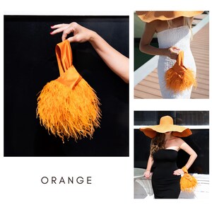 May include: An orange clutch bag with a satin handle and a fluffy feather design. The word "ORANGE" is displayed in white block letters at the bottom of the image. The bag is shown in multiple settings.