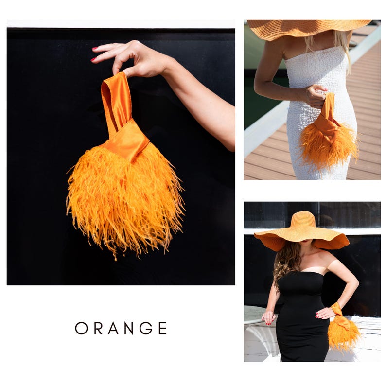 May include: An orange clutch bag with a satin handle and a fluffy feather design. The word "ORANGE" is displayed in white block letters at the bottom of the image. The bag is shown in multiple settings.