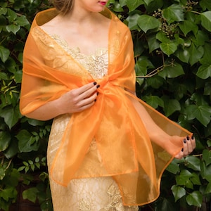 Orange Organza wrap shawl bolero summer spring wedding shrug elegant accessory 200 cm gold