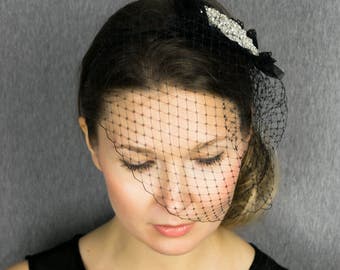 Birdcage veil / russian veil / elegant , couture and classical bridal veil Black birdcage headpiece headband or clip / couture bride