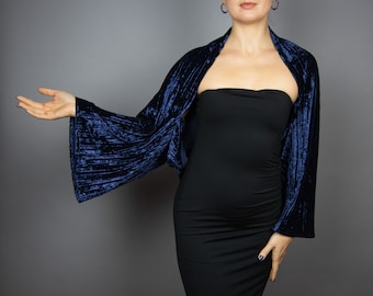 Navy blue velour velvet capelet wrap shrug sleeves bolero wedding dress, luxury blue evening shrug, evening capelet, shoulder cape, jacket