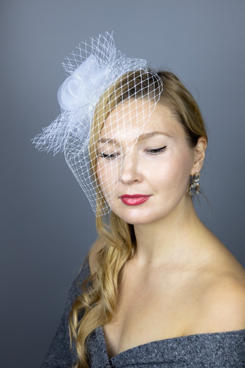 couture and classical bridal veil white birdcage headpiece headband or clip couture bride Birdcage veil russian veil elegant