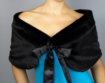 Black faux fur wrap shawl bridesmaid cape bolero lining satin