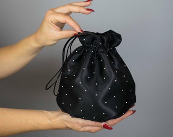 Elegant satin rhinestone bag / money bag / purse black dress bridal bag evening satin silk Vintage Great Gatsby style bag