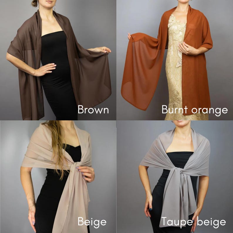 May include: Four women are wearing different colored chiffon scarves. The scarves are shown in brown, burnt orange, beige, and taupe beige.